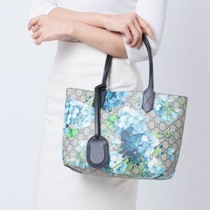 Gucci Reversible Blue Blooms Tote Leather Handbag